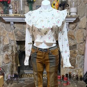 Zara Floral Ruffle Blouse - Cream with Multicolor Accents